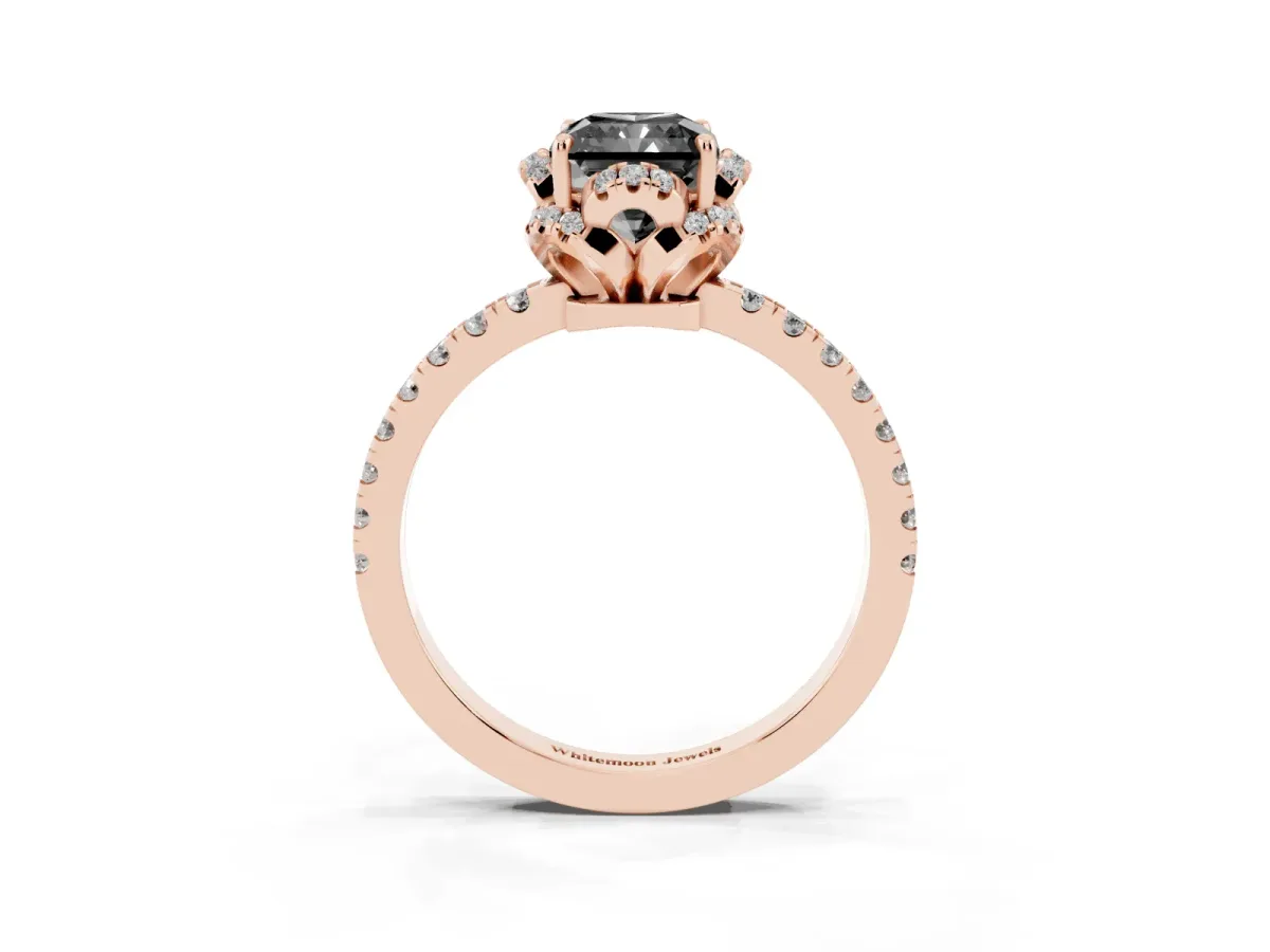 Fancy Black Radiant Cut Diamond Halo Pave Band with Four-Prong Setting Rose gold