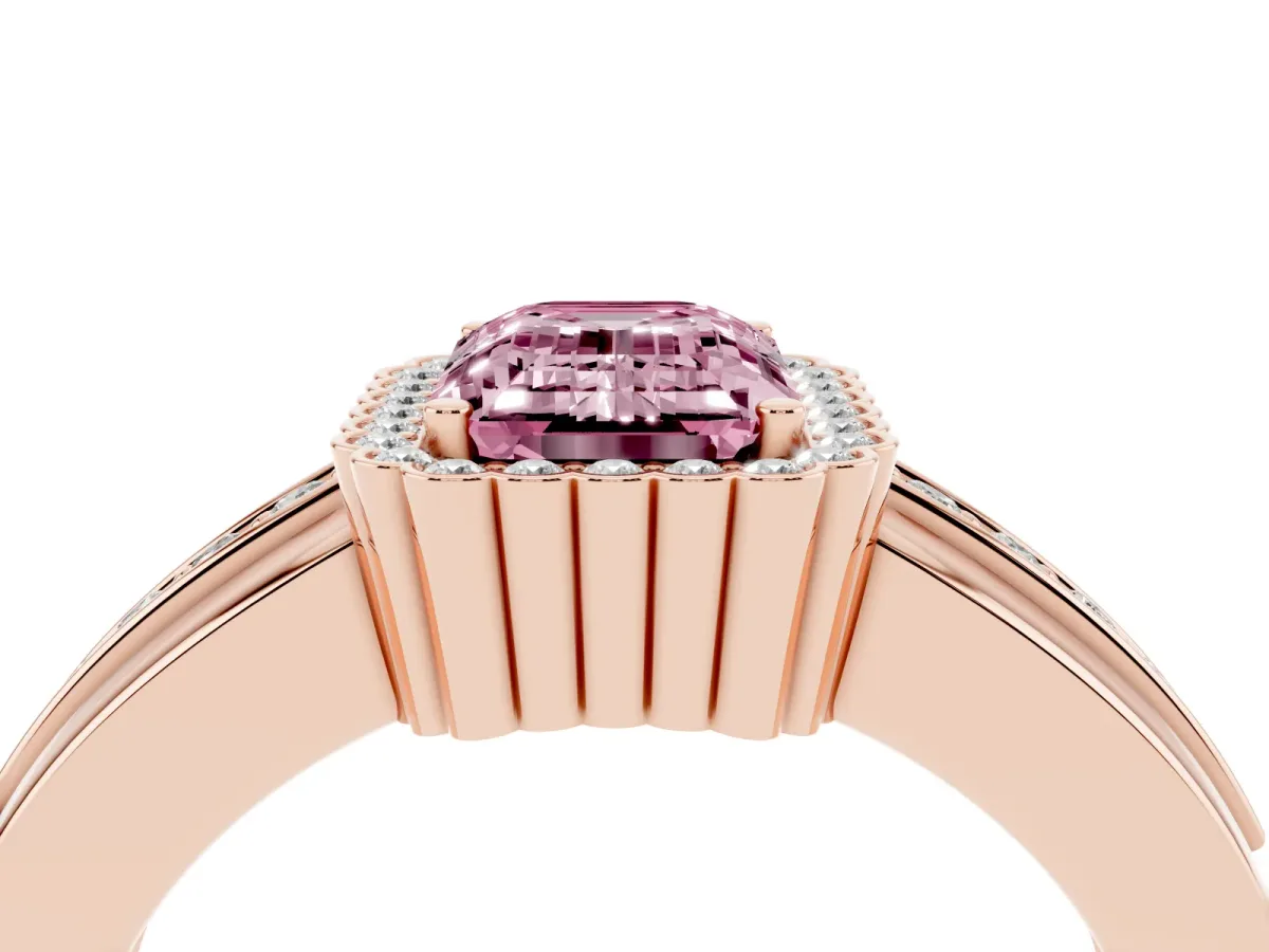 Fancy Pink Emerald Cut Cut Halo Pave Band Four-Prong Ring Rose gold