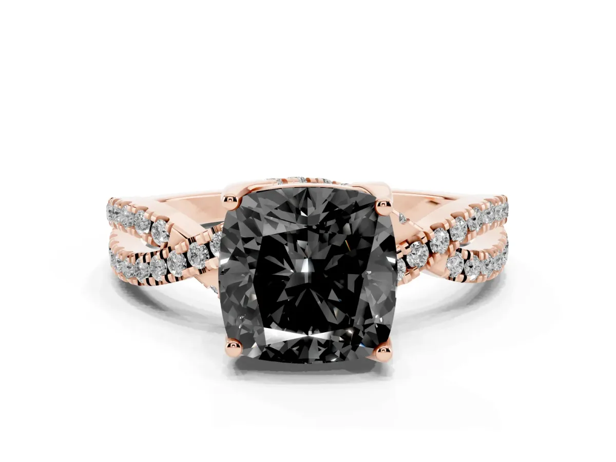 Fancy Black Cushion Cut Solitaire Twist Pave Diamond Engagement Ring with Prong Setting Rose gold