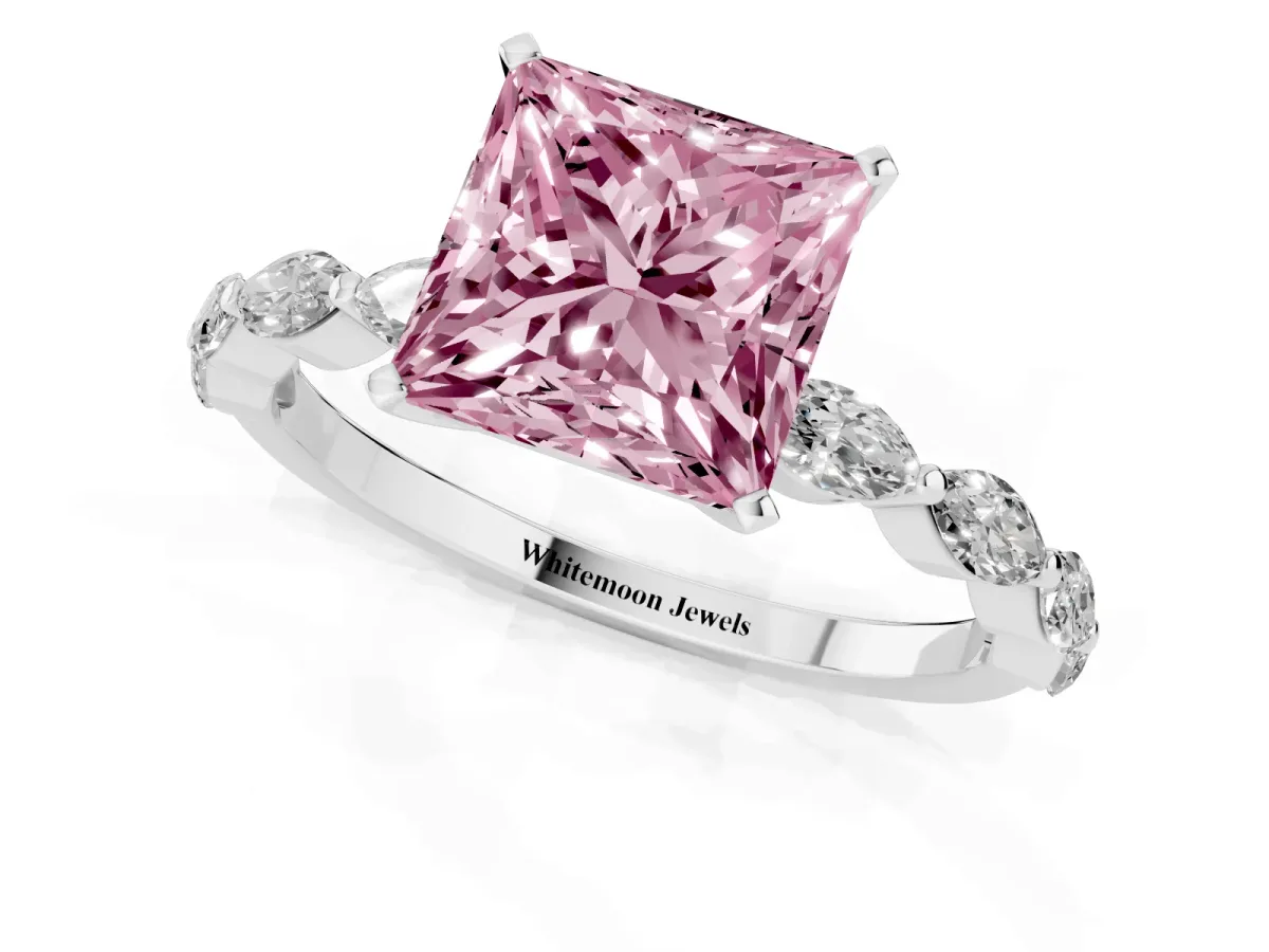 Fancy Pink Princess Cut Diamond Ring with Marquise Side Stones and Prong Setting Platinum