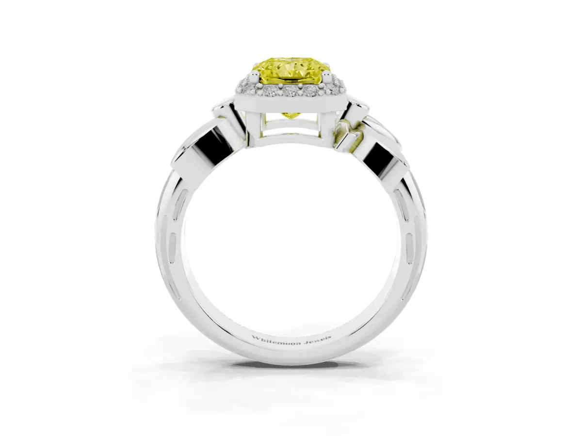 Fancy Yellow Radiant Cut Halo Diamond Floral Band with Four-Prong Setting Platinum