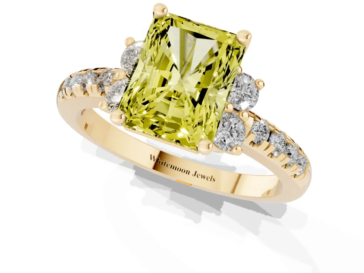 Fancy Yellow Radiant Cut Diamond Three-Stone Pave Band with Four-Prong Setting Yellow gold
