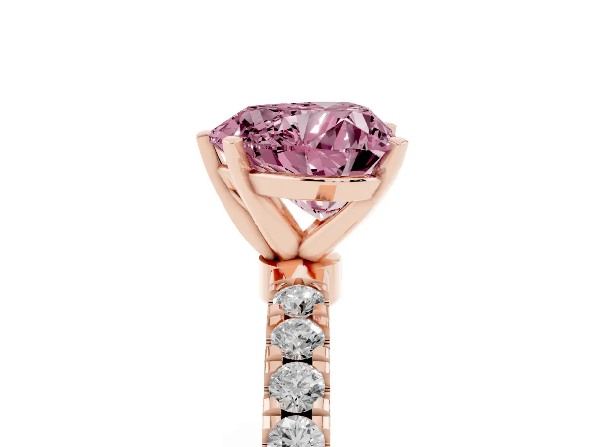 Fancy Pink Heart Cut Diamond Solitaire Ring with Pavé Accents and Four-Prong Setting Rose gold