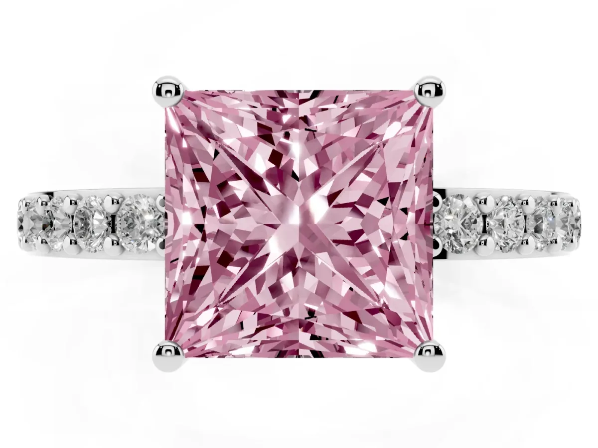 Fancy Pink Princess Cut Cut Diamond Solitaire with Pave Band and Four-Prong Setting Silver