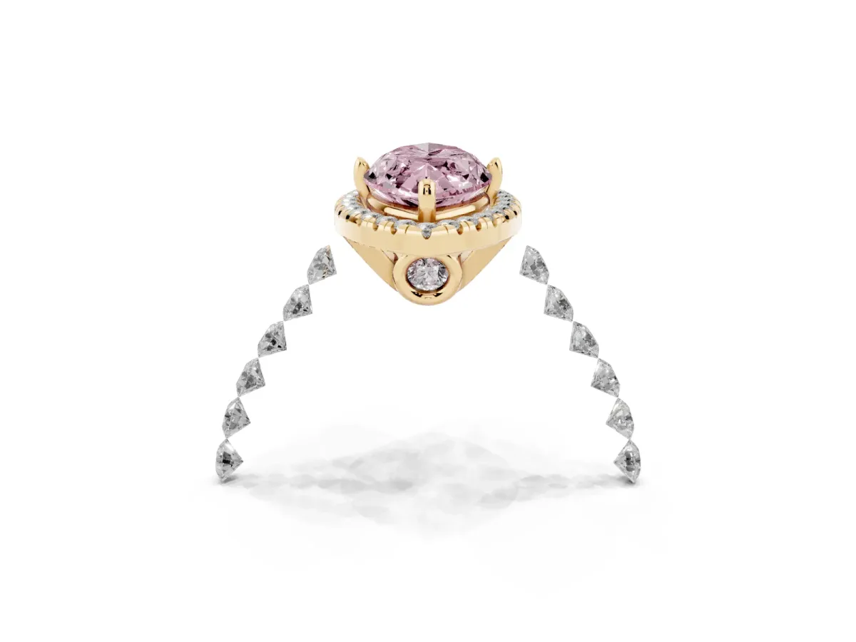 Fancy Pink Marquise Cut Halo Pavé Diamond Engagement Ring with Four-Prong Setting Yellow gold