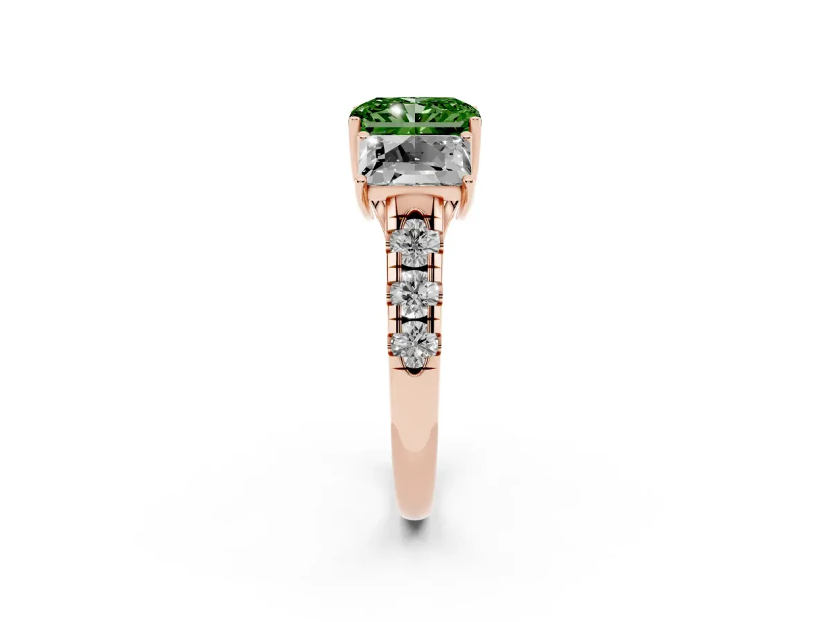 Fancy Green Three-Stone Radiant Cut Diamond Pavé Band with Prong Setting Rose gold