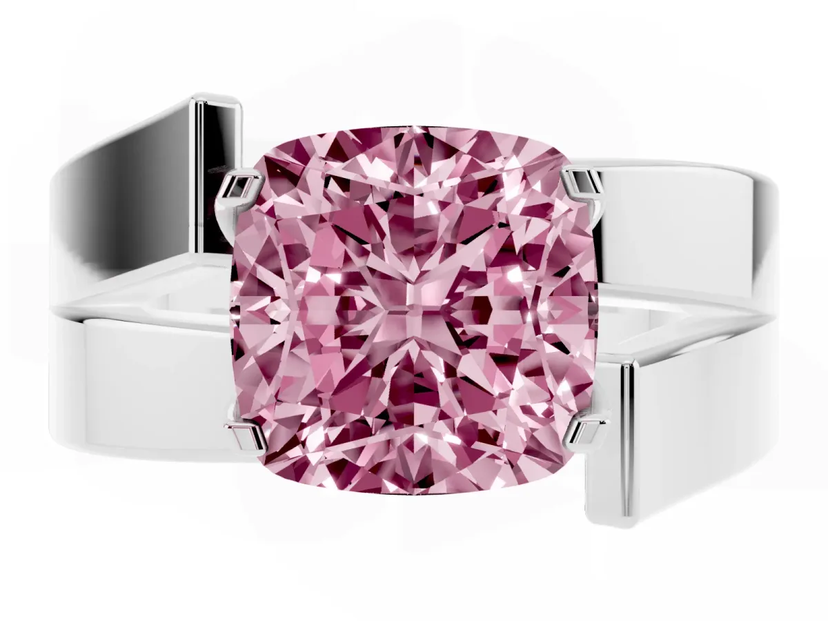 Fancy Pink Modern Tension Set Cushion Cut Diamond Solitaire Wide Band Ring Silver
