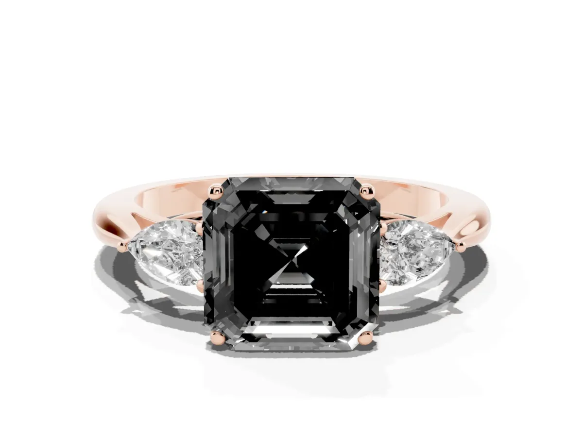 Fancy Black Three-Stone Asscher Cut Brilliant Diamond Solitaire Ring with Tapered Band and Four-Prong Setting Rose gold