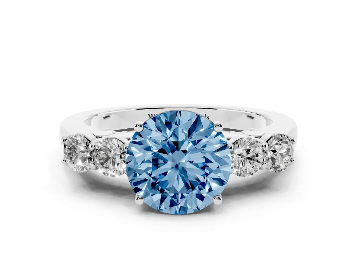 Fancy Blue Round Cut Cut Diamond Five-Stone Prong Set White Gold Ring Silver