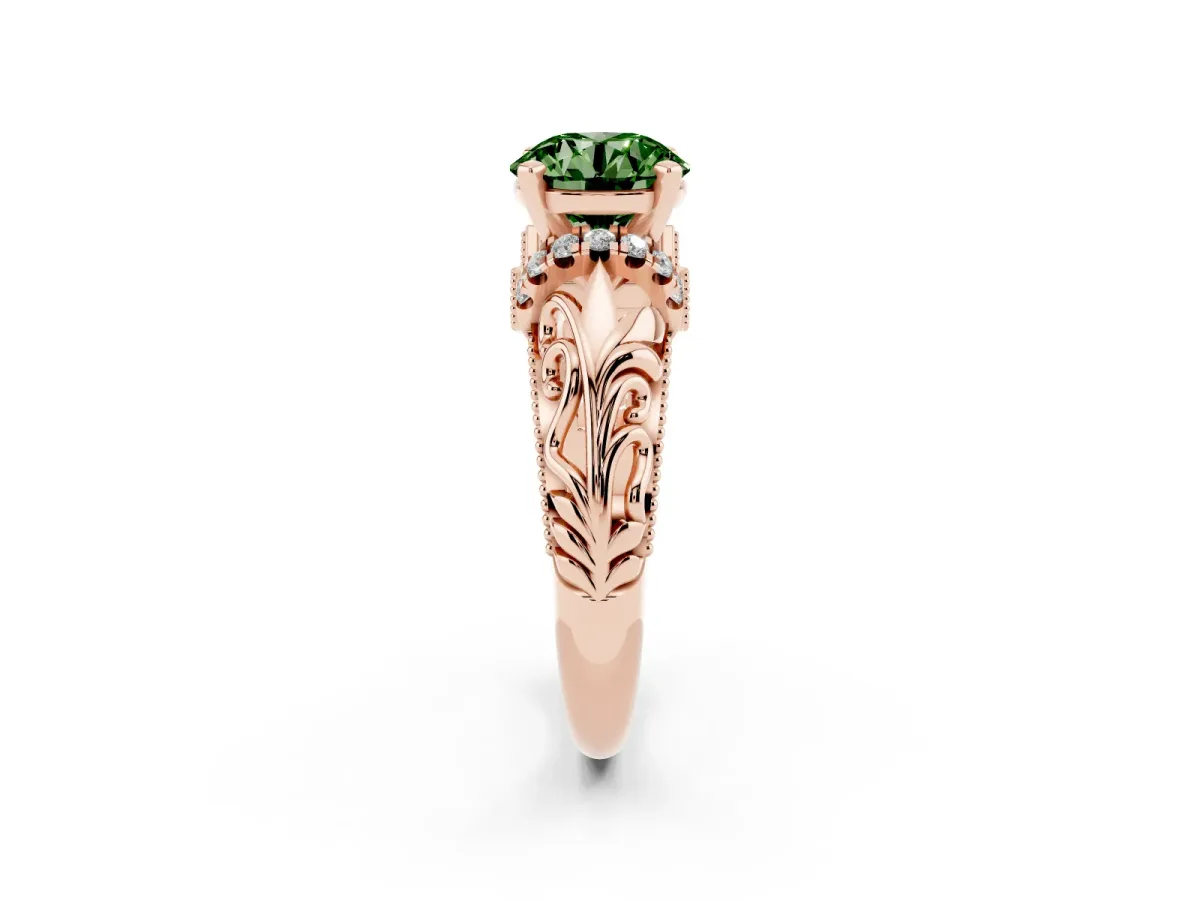 Fancy Green Round Cut Solitaire Filigree Engagement Ring with Halo and Prong Setting Rose gold