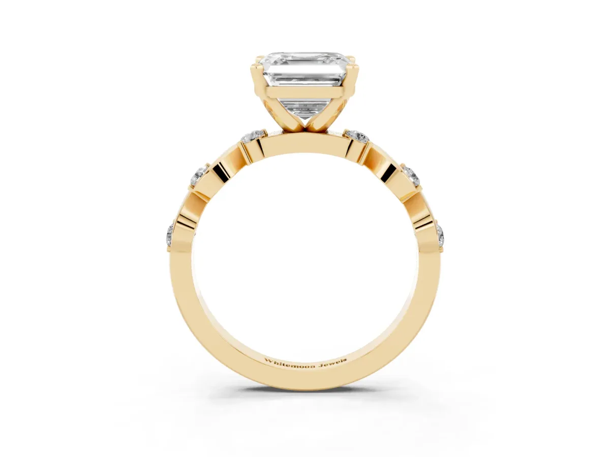 Asscher Cut Diamond Solitaire Twisted Band with Round Accents and Prong Setting Yellow gold