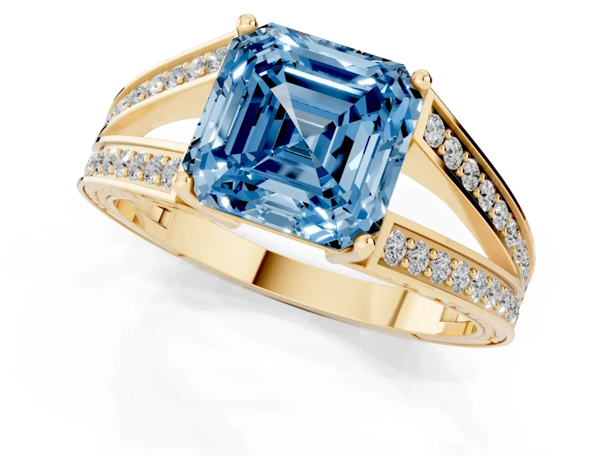 Fancy Blue Asscher Cut Diamond Split Shank Ring with Pavé Band and Four-Prong Setting Yellow gold