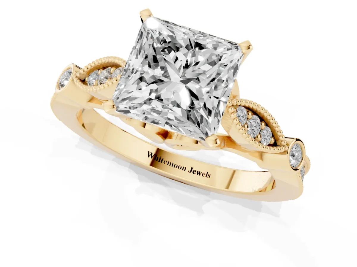 Princess Cut Cut Diamond with Milgrain Marquise and Bezel Accents on a Solitaire Band with Prong Setting Yellow gold