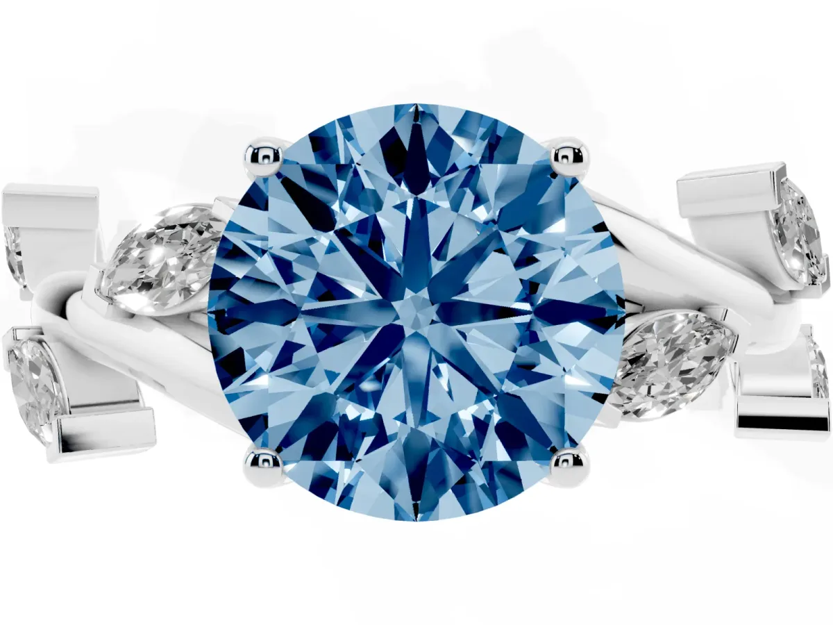 Fancy Blue Round Cut Solitaire Twisted Band Marquise Accent Prong Setting Ring White gold