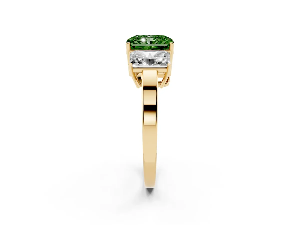 Fancy Green Three-Stone Radiant Cut Cut Diamond Engagement Ring with Flat Band and Four-Prong Setting Yellow gold