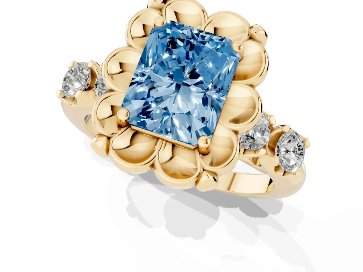Fancy Blue Radiant Cut Cut Diamond Floral Halo Engagement Ring with Shared Prong Setting Yellow gold