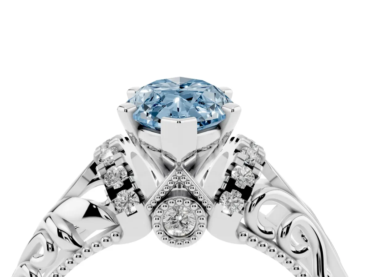 Fancy Blue Marquise Cut Solitaire Filigree Engagement Ring with Halo and Prong Setting Silver