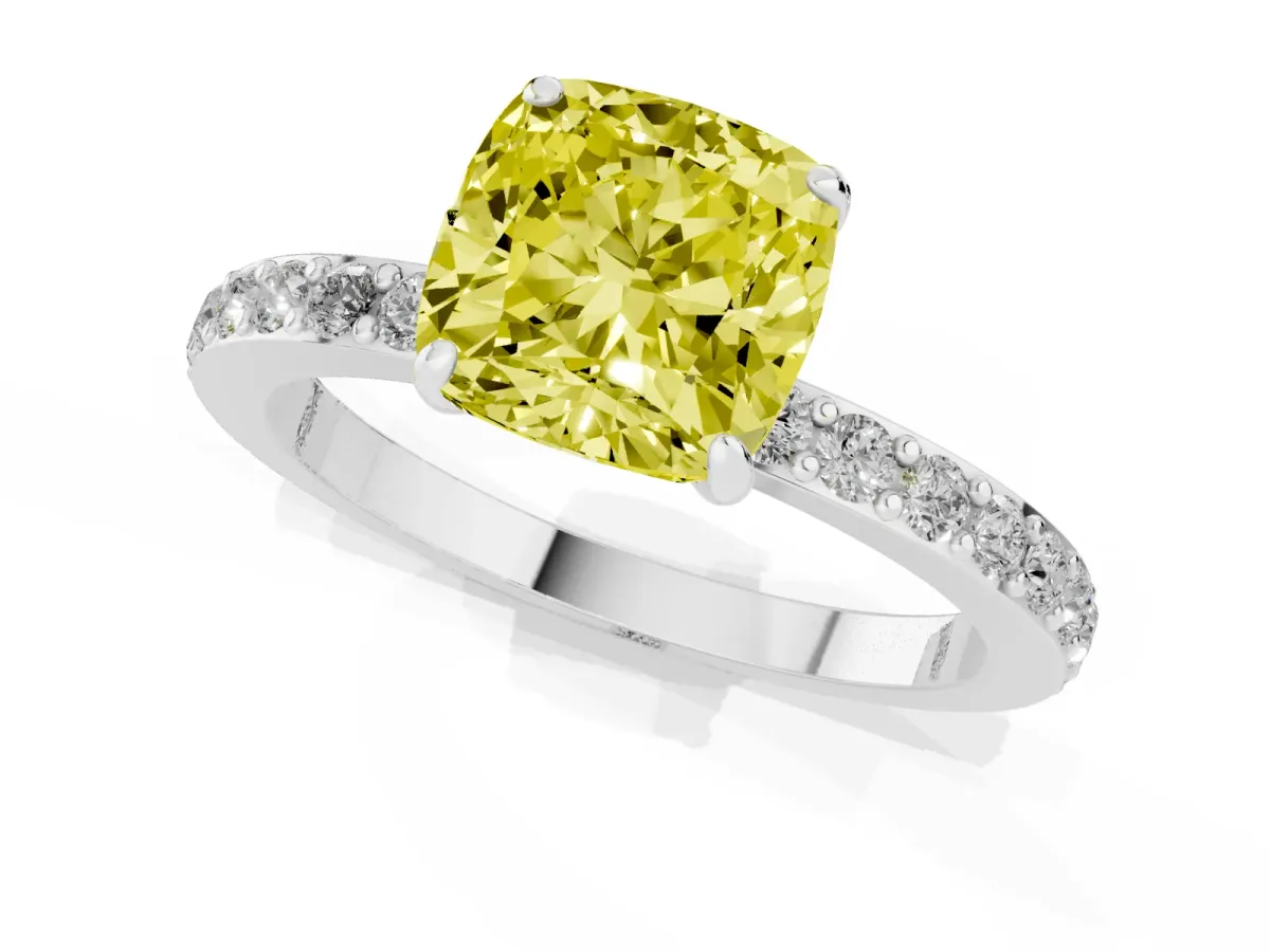 Fancy Yellow Cushion Cut Diamond Solitaire Engagement Ring with Pavé Band and Four-Prong Setting White gold