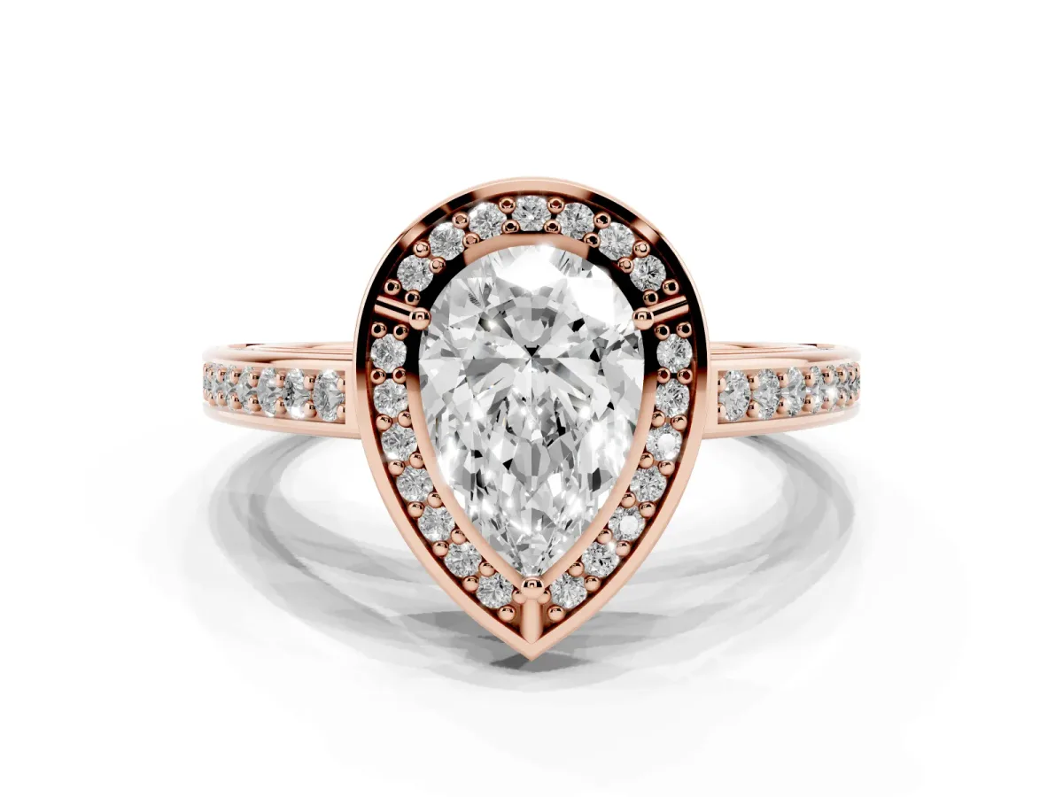 Pear Cut Cut Halo Pave Split Shank Prong Setting Ring Rose gold
