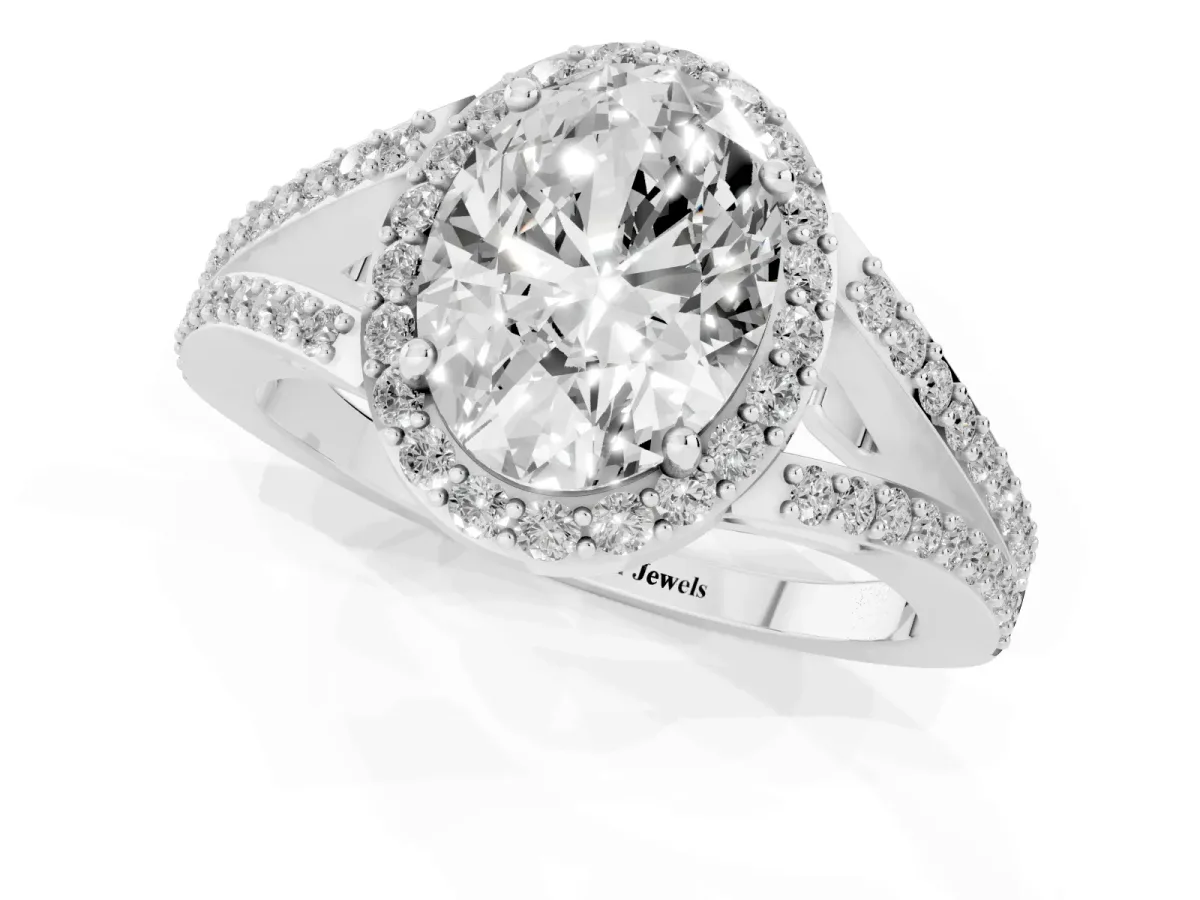 Oval Cut Halo Split Shank Pave Diamond Ring with Four-Prong Setting Silver