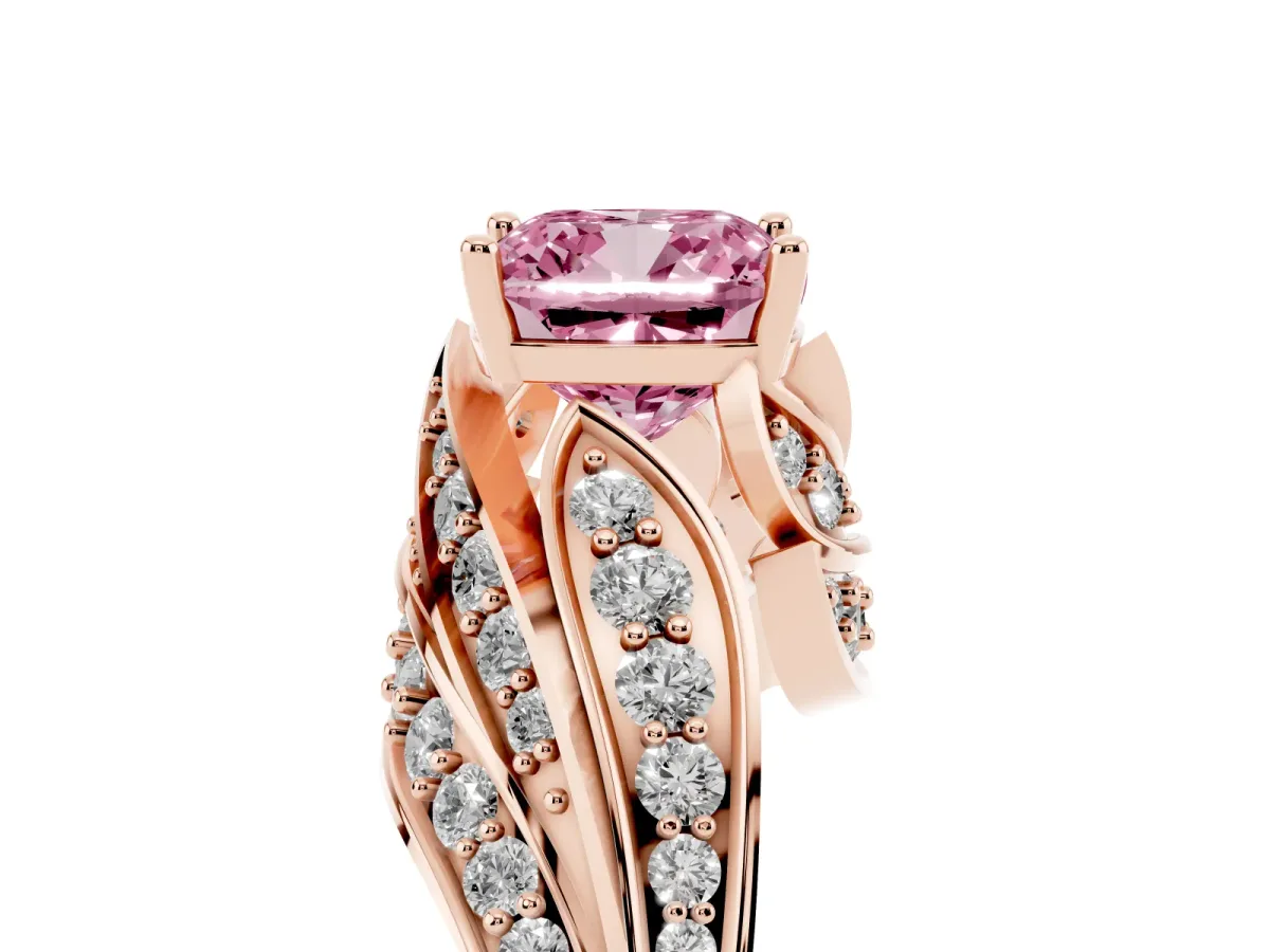 Fancy Pink Cushion Cut Diamond Solitaire Ring with Prong Setting and Twisted Pavé Band Rose gold