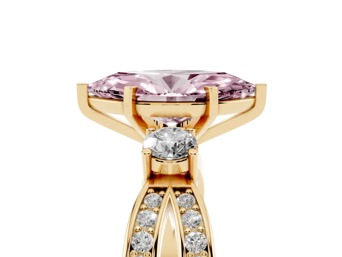 Fancy Pink Three-Stone Marquise Cut Cut Diamond Twist Band with Prong Setting Yellow gold