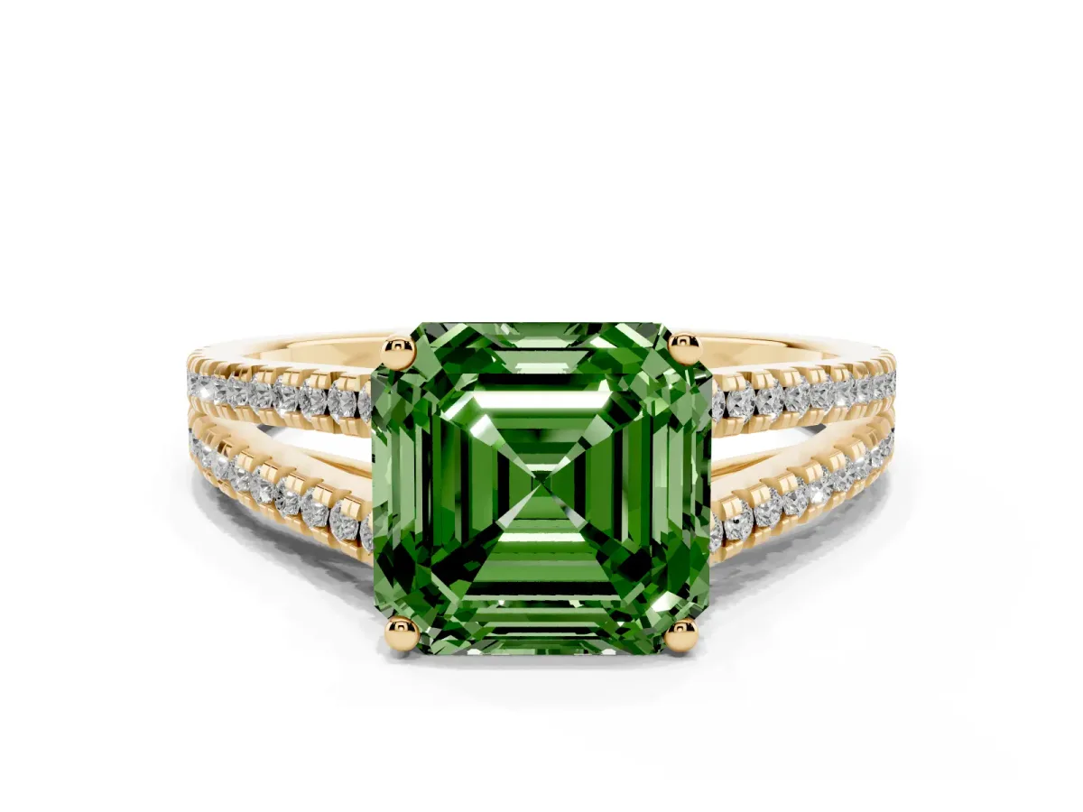 Fancy Green Asscher Cut Diamond Solitaire Engagement Ring with Split Shank Pavé Band Yellow gold