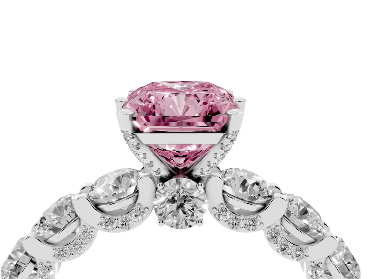 Fancy Pink Radiant Cut Diamond Side Stone Engagement Ring with Four-Prong Setting Silver