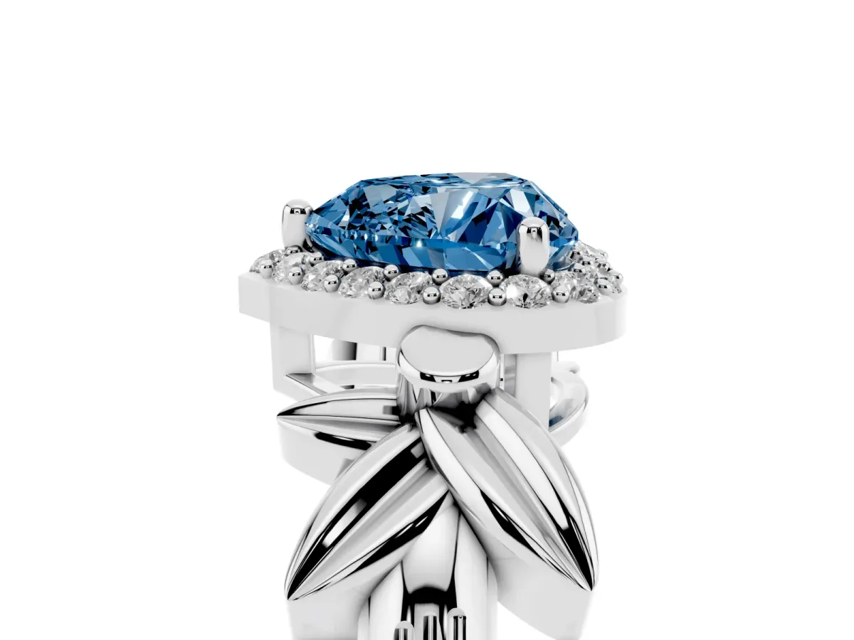 Fancy Blue Heart Cut Halo Diamond Floral Band with Four-Prong Setting Silver