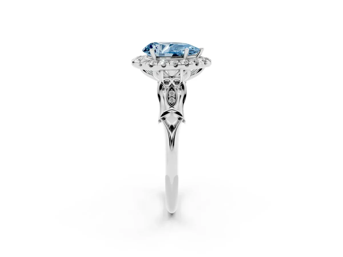 Fancy Blue Pear Cut Halo Diamond Engagement Ring with Filigree Band and Four-Prong Setting Platinum