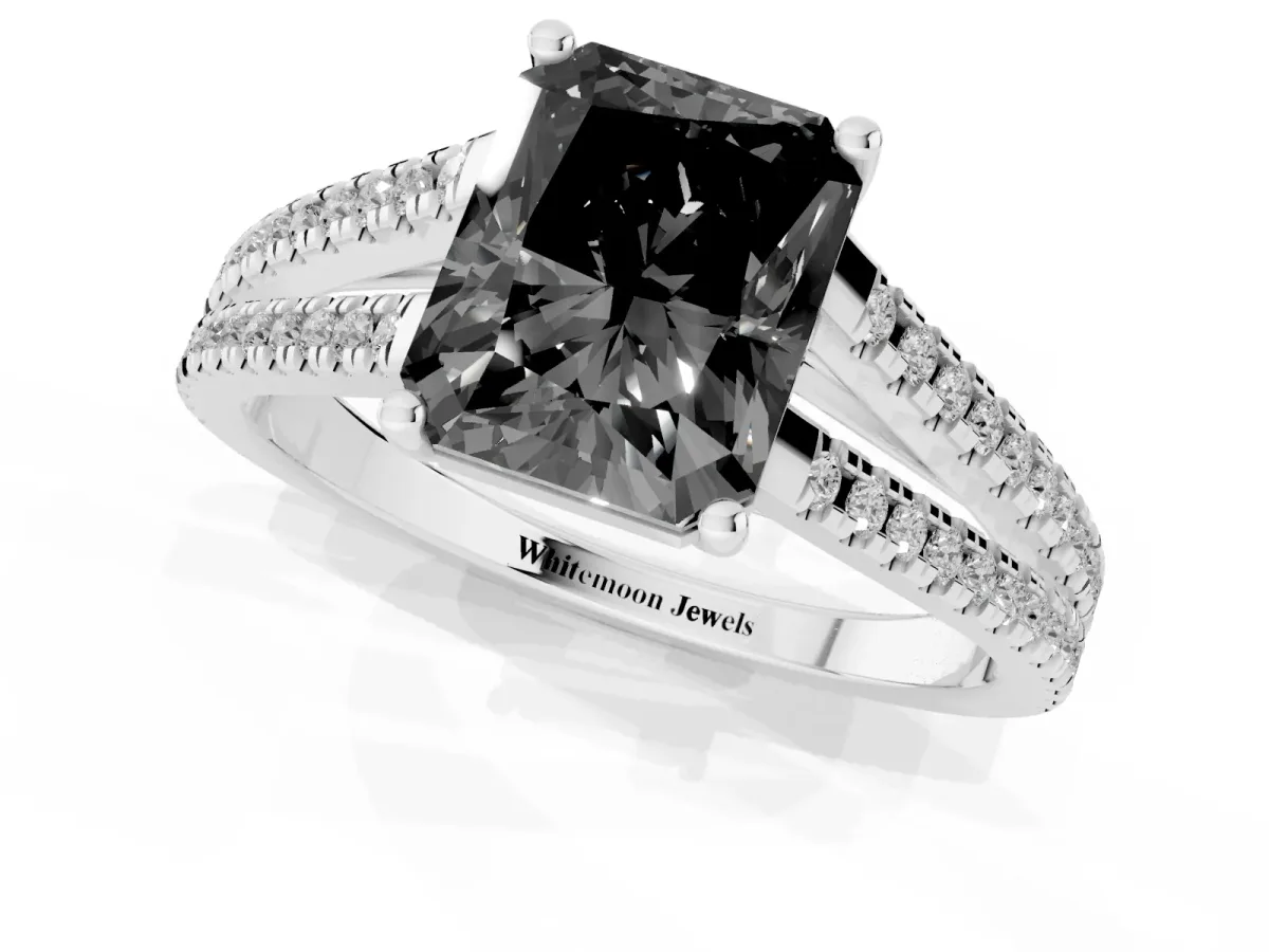 Fancy Black Radiant Cut Diamond Solitaire Engagement Ring with Split Shank Pavé Band Platinum