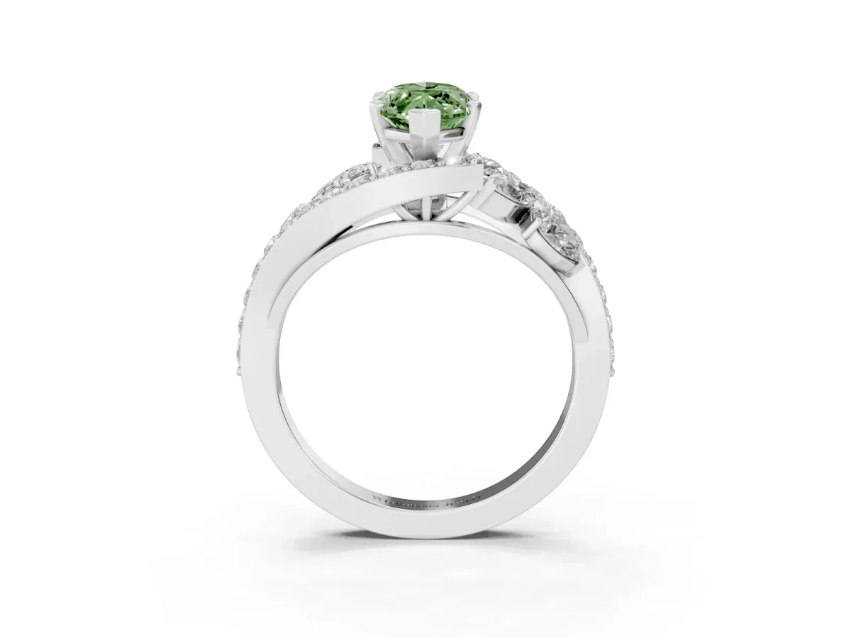 Fancy Green Marquise Cut Diamond Halo Ring with Marquise and Pavé Band in Prong Setting Platinum