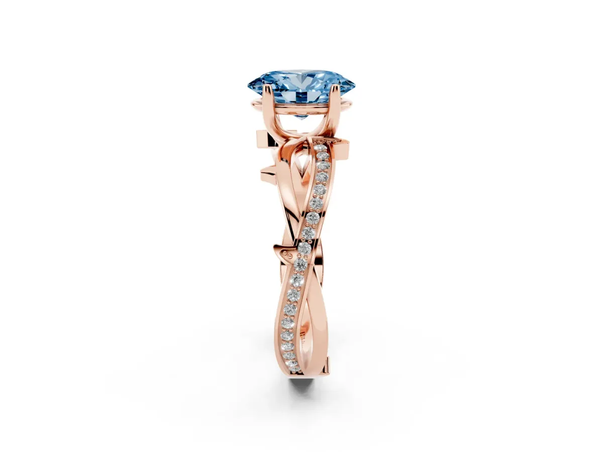 Fancy Blue Oval Cut Solitaire Twist Band with Pavé Accents and Four-Prong Setting Rose gold
