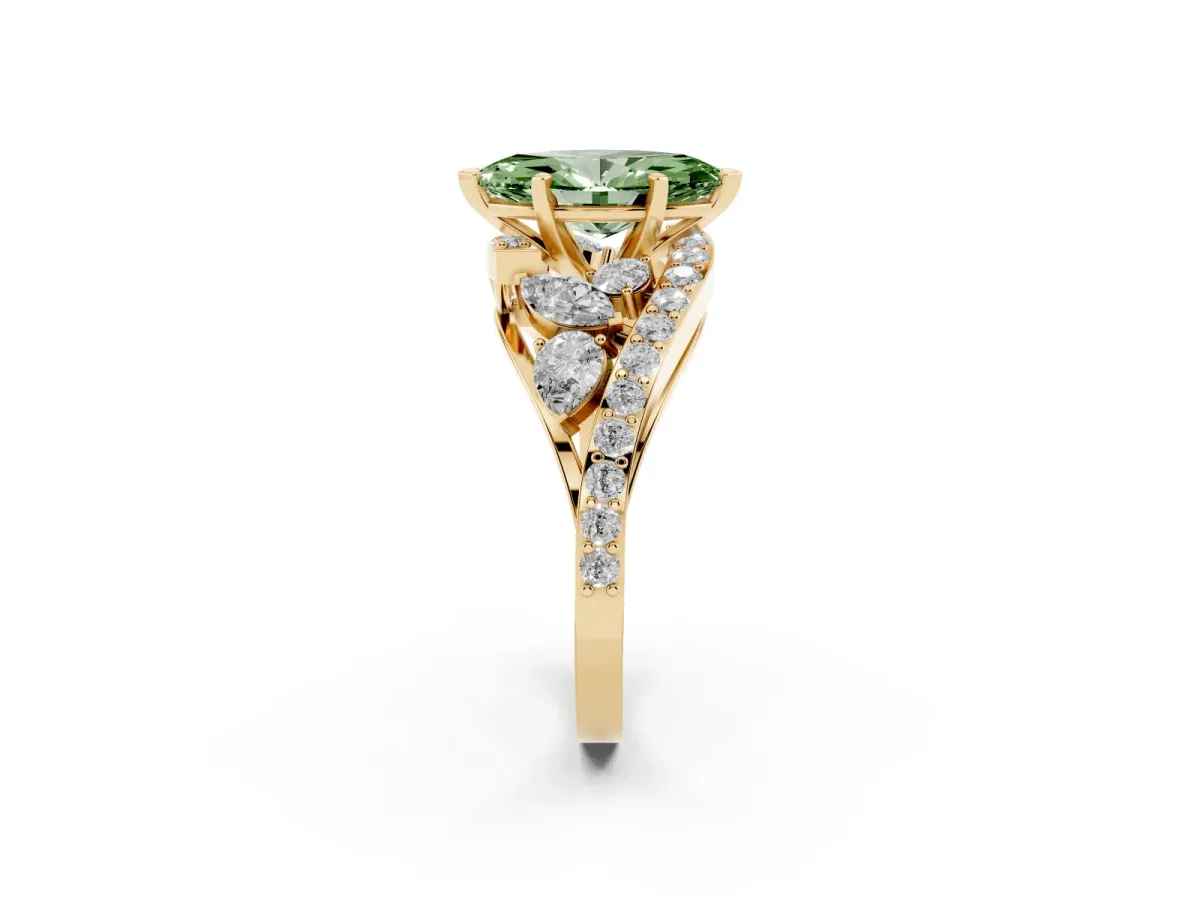 Fancy Green Marquise Cut Diamond Halo Ring with Marquise and Pavé Band in Prong Setting Yellow gold