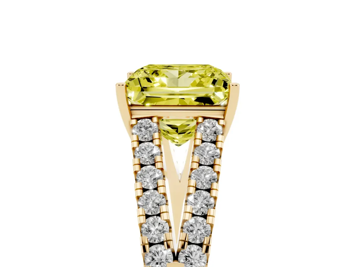 Fancy Yellow Princess Cut Diamond Split Shank Pavé Engagement Ring with Four-Prong Setting Yellow gold