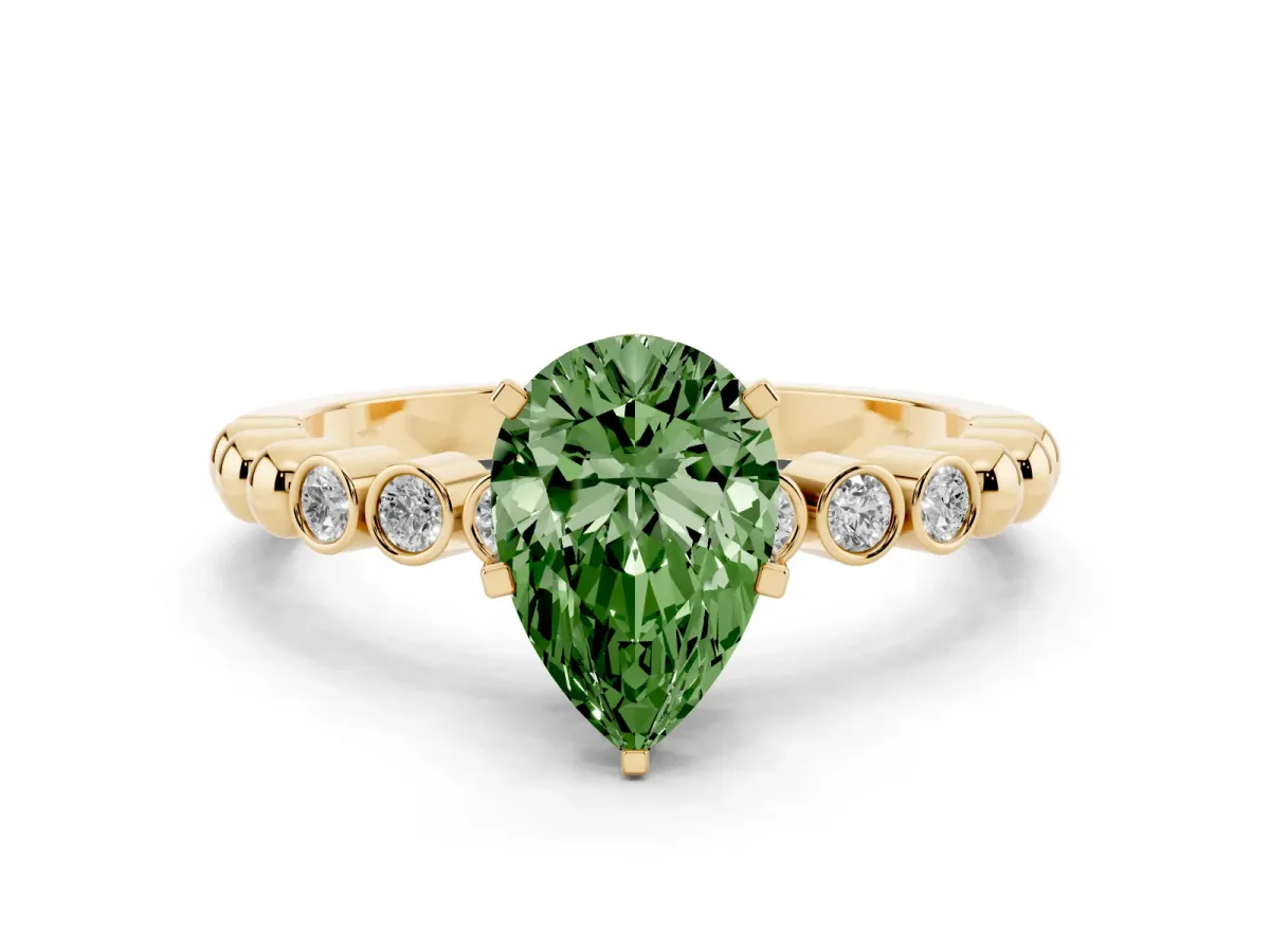 Fancy Green Pear Cut Solitaire Bezel Accent Diamond Engagement Ring with Beaded Band and Four-Prong Setting Yellow gold