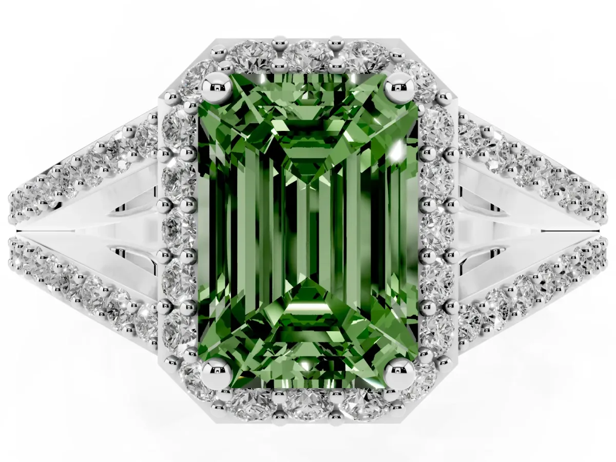Fancy Green Emerald Cut Halo Split Shank Diamond Ring with Prong Setting Platinum