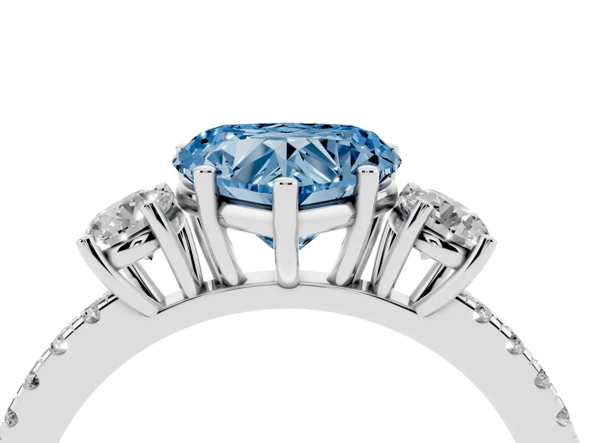 Fancy Blue Three-Stone Heart Cut Cut Diamond Pavé Band with Prong Setting Platinum