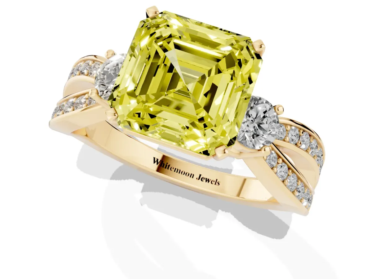 Fancy Yellow Three-Stone Asscher Cut Cut Diamond Twist Band with Prong Setting Yellow gold