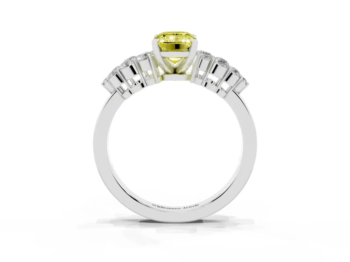 Fancy Yellow Emerald Cut Cluster Diamond Engagement Ring with Pavé Band and Four-Prong Setting Platinum