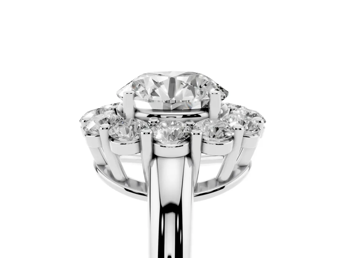 Round Cut Halo Cluster Diamond Engagement Ring with Prong Setting and Polished Band Silver