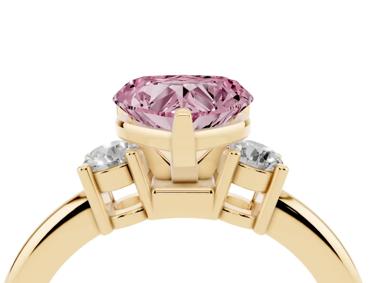 Fancy Pink Three-Stone Heart Cut Cut Diamond Solitaire with Prong Setting and Classic Band Yellow gold