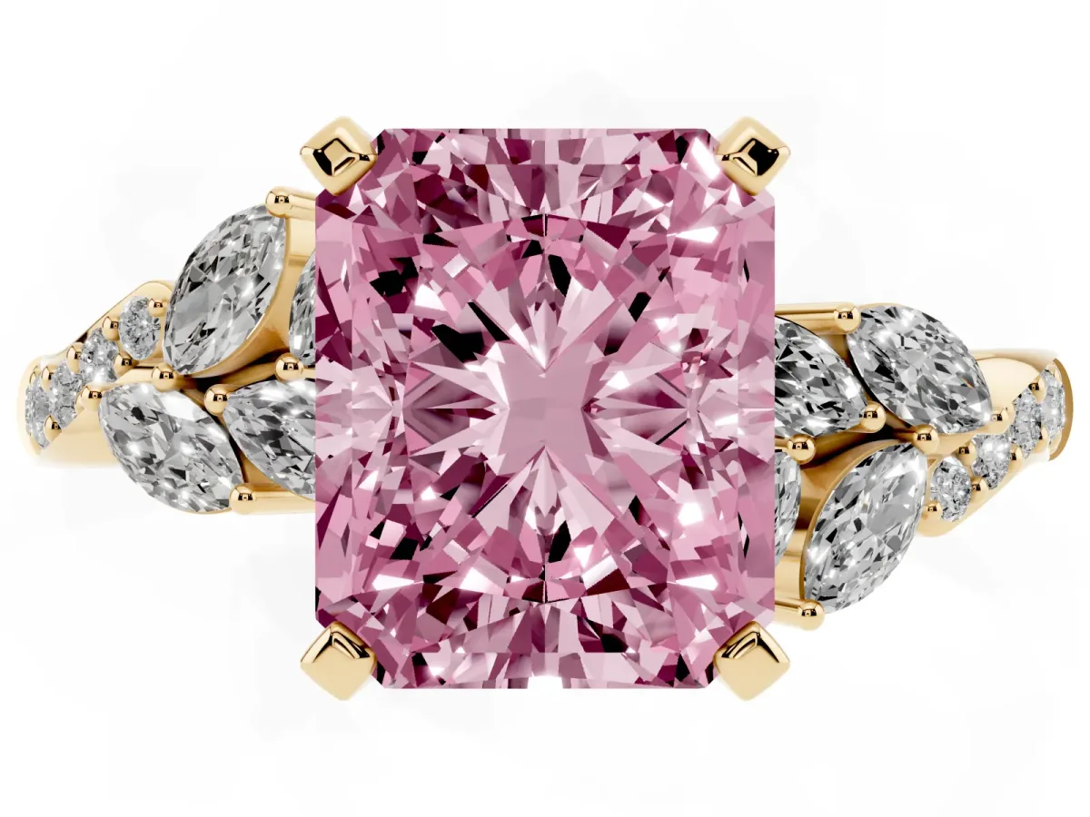 Fancy Pink Radiant Cut Solitaire Marquise Twist Band with Six-Prong Setting Yellow gold