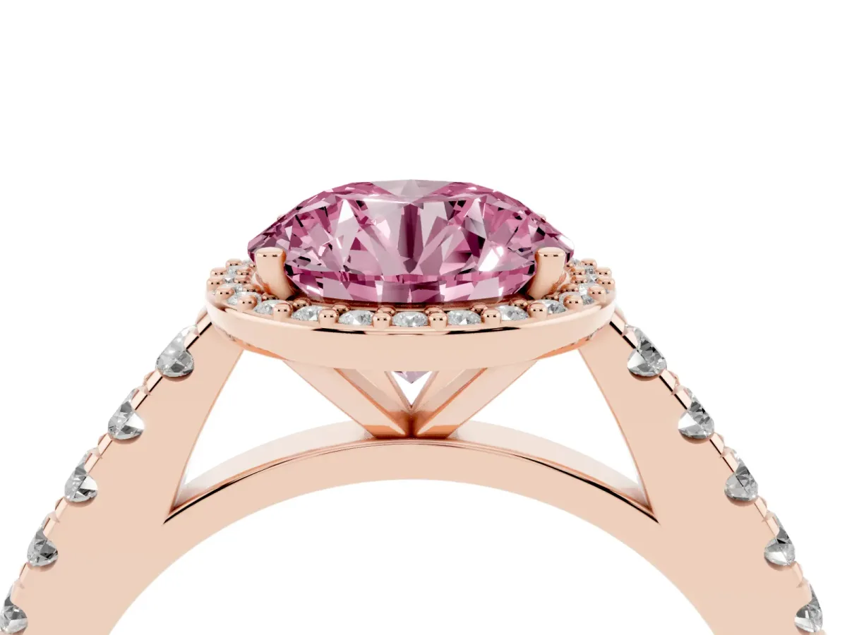 Fancy Pink Round Cut Cut Halo Diamond Engagement Ring with Pave Band and Four-Prong Setting Rose gold