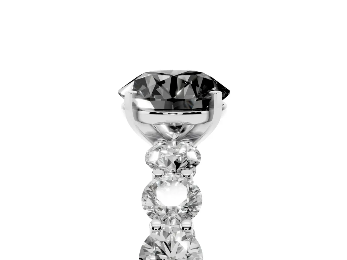 Fancy Black Round Cut Diamond Prong Setting with Side Stones on a Pave Band Silver