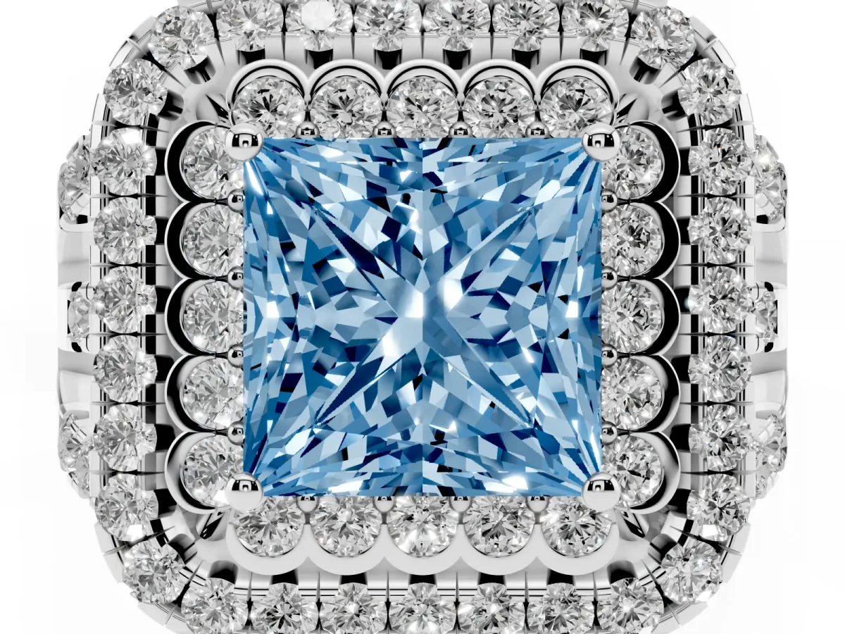 Fancy Blue Princess Cut Diamond Double Halo Ring with Round Pavé Split Shank and Prong Setting Silver