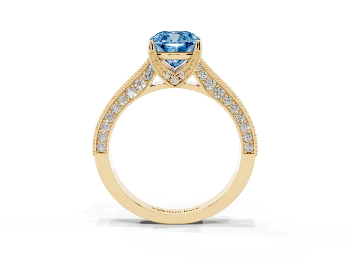 Fancy Blue Cushion Cut Cut Diamond Solitaire Ring with Milgrain Pave Band and Four Prong Setting Yellow gold