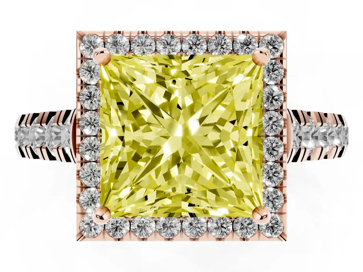 Fancy Yellow Princess Cut Halo Pavé Diamond Engagement Ring with Four-Prong Setting Rose gold