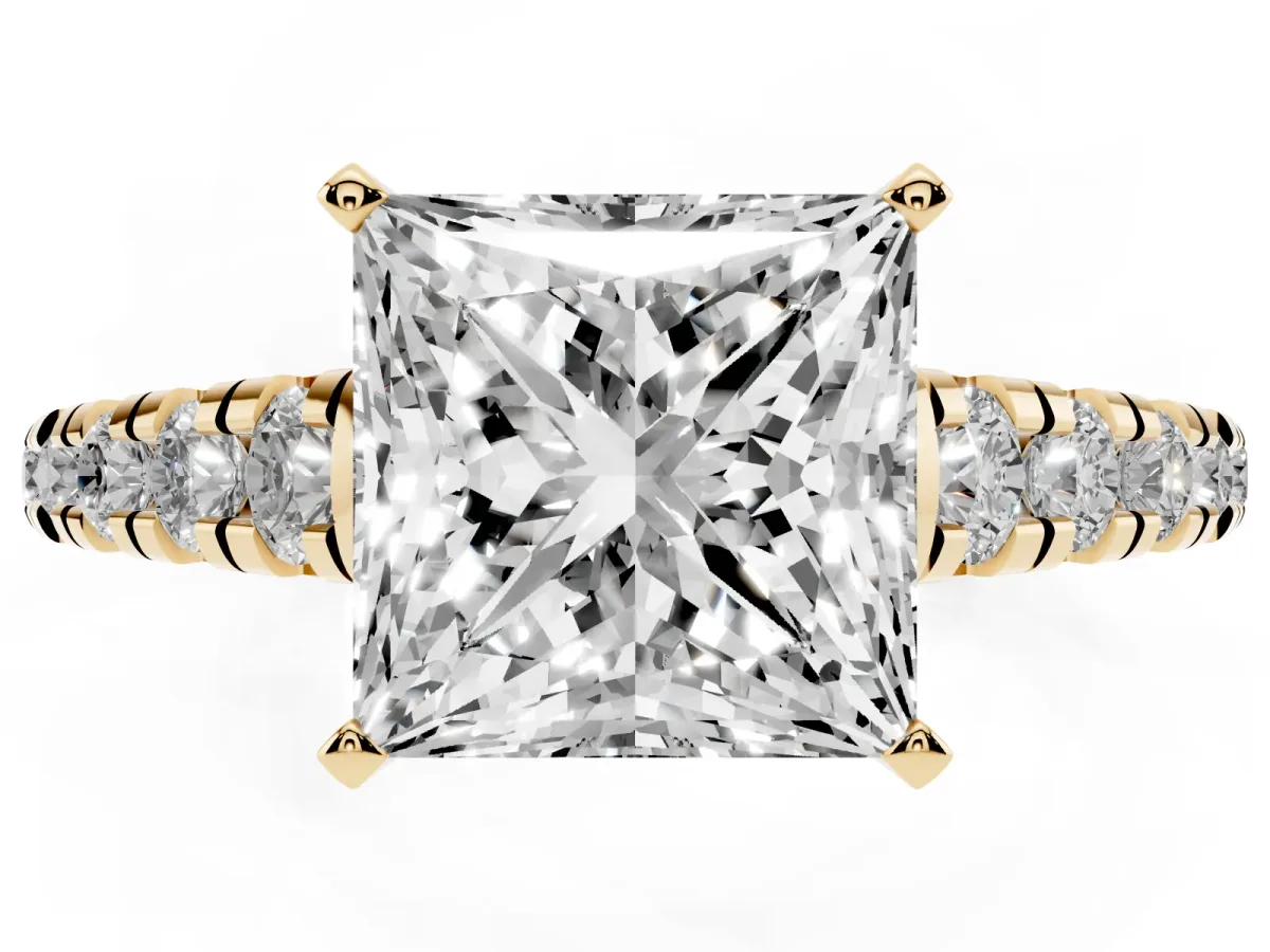 Princess Cut Diamond Cathedral Solitaire Ring with Round Pavé Band Yellow gold