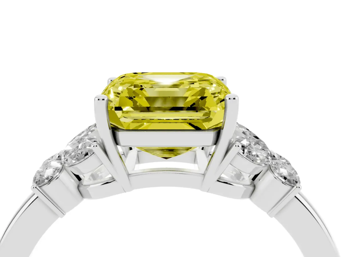 Fancy Yellow Asscher Cut Cut Solitaire Floral Diamond Ring with Four-Prong Setting Silver